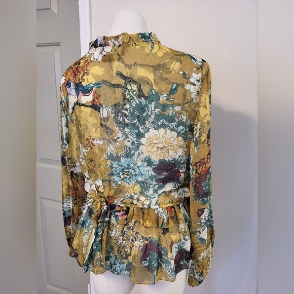 Hemant & Nandita Keystone Silk Blouse Sheer Floral Print Feminine Peplum(L) - Picture 8 of 14
